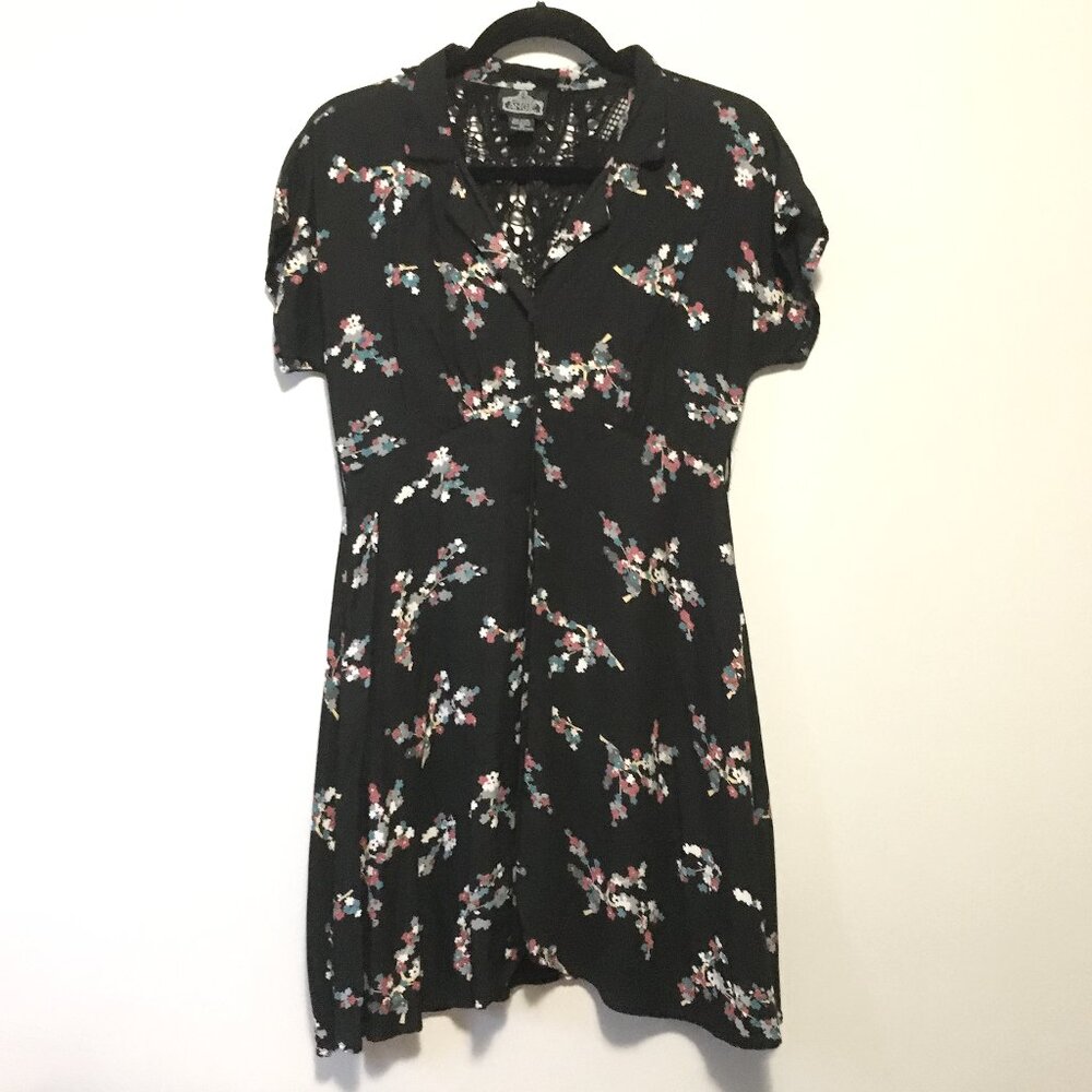 90s Coquette Goth Black Floral Crochet Button Down Rayon A-Line Dress - S